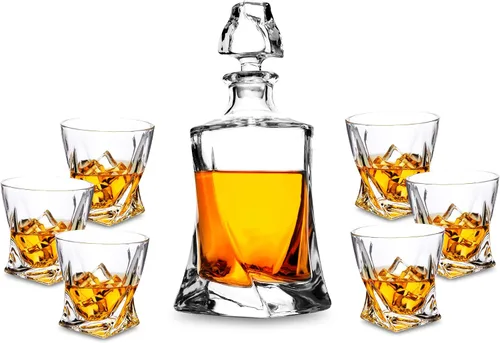 KANARS Juego de decantador de whisky, decantador de licor de cristal de alta calidad con 6 vasos antiguos para cóctel, whisky escocés, whisky