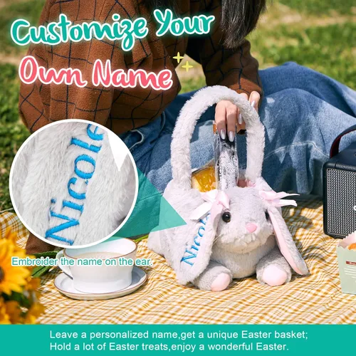 Miniatura 3 de Cesta personalizada de conejo de Pascua de 15 pulgadas con nombre bordado, cesta de caza de huevos de Pascua de felpa para regalos de decoración