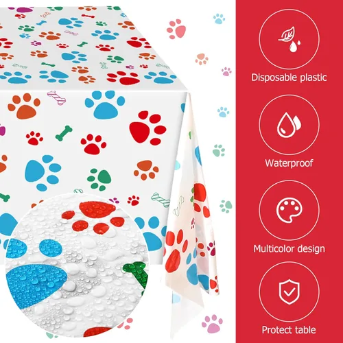 Miniatura 6 de Tegeme Mantel de plástico desechable con estampado de patas de perro de 54 x 108 pulgadas, 3 piezas, decoración de fiesta de cachorros para fiesta