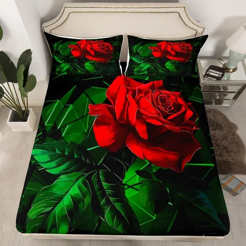 Miniatura 2 de Manfei Juego de sábanas de rosas rojas, tamaño individual, juego de ropa de cama de hojas verdes para niñas, adultos, parejas, decoración