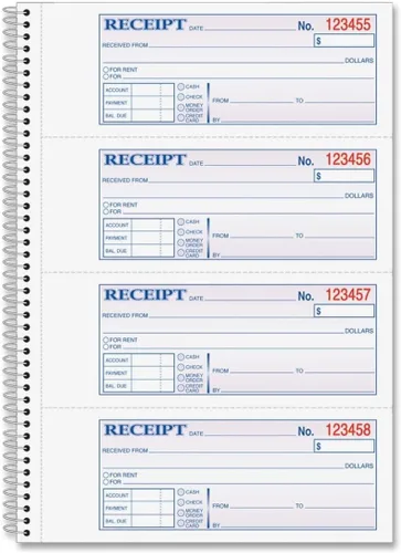 Adams Libro de recibos de dinero y alquiler, 2 partes sin carbono, 7-5/8" x 11", encuadernado en espiral, 200 juegos por libro, 4 recibos por página