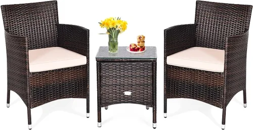 KOTEK Juego de muebles de patio de 3 piezas, juego de conversación de mimbre para exteriores con mesa de centro de cristal, cojines gruesos, juego