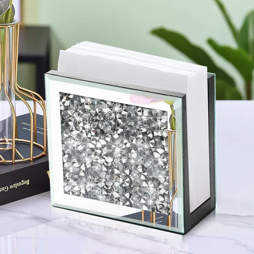 Miniatura 8 de Servilletero de diamante triturado de cristal, soporte vertical cuadrado con espejo, bonito soporte de servilleta de espejo de vidrio para mesa