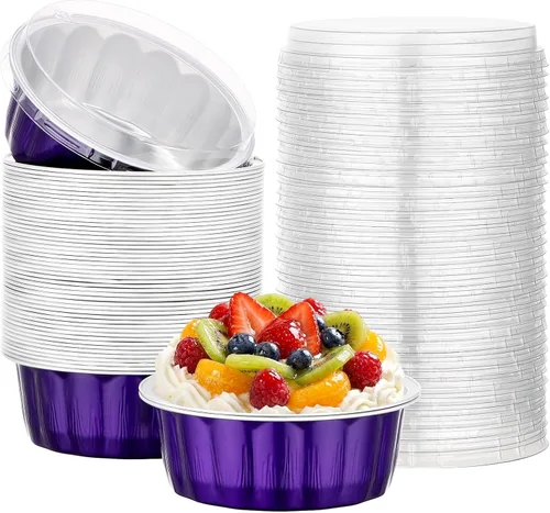 Miniatura 69 de Beasea Ramequines con tapas, 8oz 50 unidades de tazas de aluminio desechables para hornear, tazas de papel de aluminio plateado para creme brulee