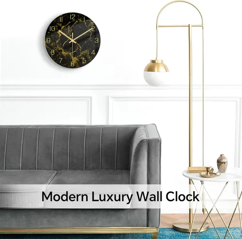 Miniatura 3 de VIKMARI Reloj moderno con textura de mármol negro, manecillas doradas, decoración de cocina, reloj de pared de 12 pulgadas, funciona con pilas, sin