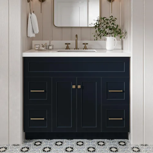 Miniatura 25 de DKB Isabella - Mueble de baño negro de 42 pulgadas con fregadero, lavabo rectangular, encimera de cuarzo blanco puro y protector contra salpicaduras