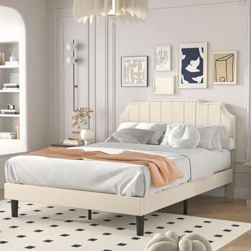 VECELO Base de cama tapizada de terciopelo tamaño Queen con ribete de clavos, cabecera ajustable en altura copetuda, cama vintage con listones de