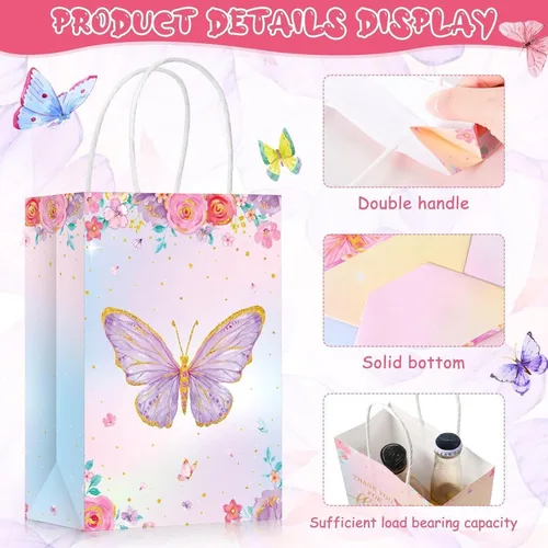 Miniatura 7 de TaoBary 24 bolsas de papel con asas para regalo de fiesta de mariposas, regalos de fiesta de cumpleaños, baby shower (estilo acuarela)