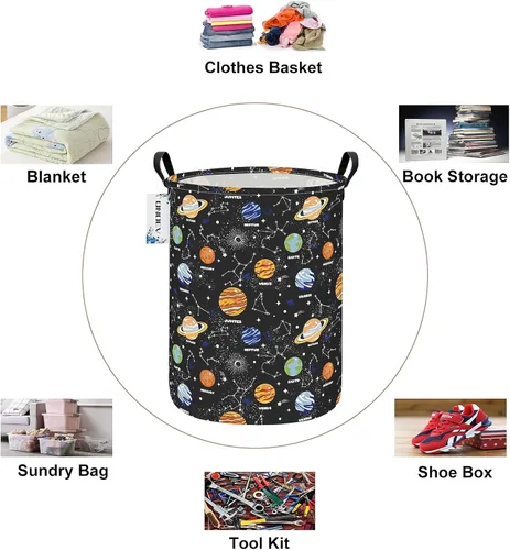Miniatura 3 de Cesta de lavandería para niños, grande, plegable, redonda, con sistema solar, con temática espacial, organizador de planetas de tela impermeable