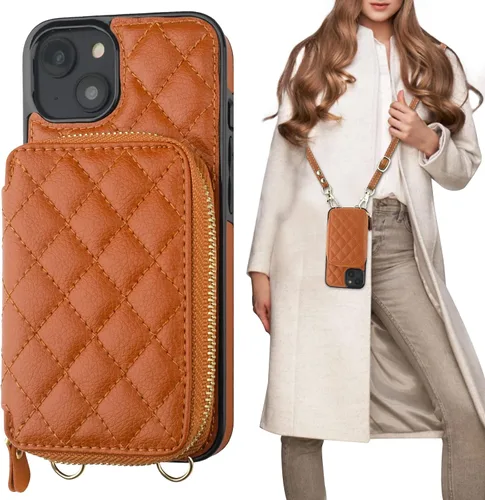 Miniatura 15 de Bocasal Funda tipo cartera cruzada para iPhone 14 Plus, bloqueo RFID, de piel sintética, con cremallera, funda tipo cartera con función atril y Negro