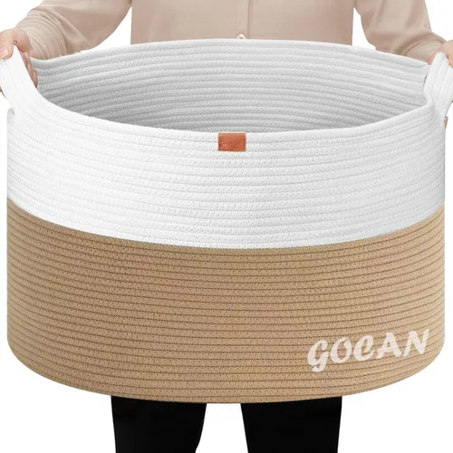 Miniatura 11 de GOCAN Cesta de almacenamiento extragrande para lavandería, 22 x 22 x 14 pulgadas, cesta tejida de cuerda de algodón para manta con asas para sala
