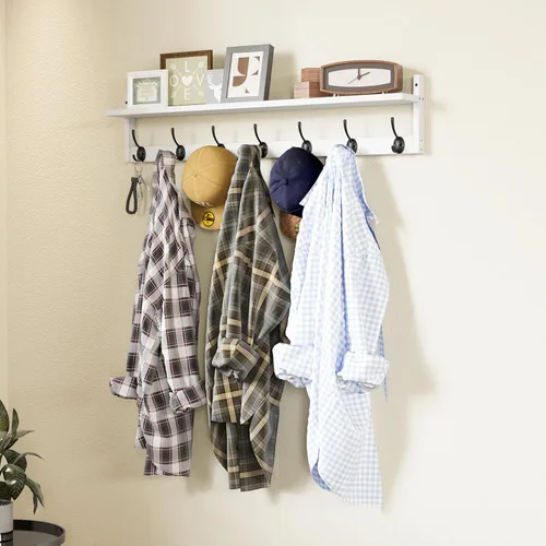 Miniatura 8 de BAMEOS Ganchos de pared de 35" L con estante, ganchos para abrigos de entrada, estante de madera para colgar en la pared, perchero montado en pared