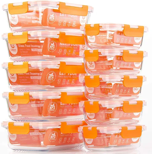 Miniatura 7 de C CREST Paquete de 10 recipientes de vidrio para almacenamiento de alimentos, recipientes de preparación de alimentos con tapas, aptos para Naranja