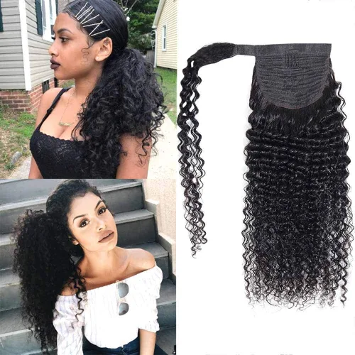 Miniatura 14 de Extensiones de cabello con ondas de agua para cola de caballo, trenzado humano, pegamento mágico Pony, extensiones de cabello humano brasileño