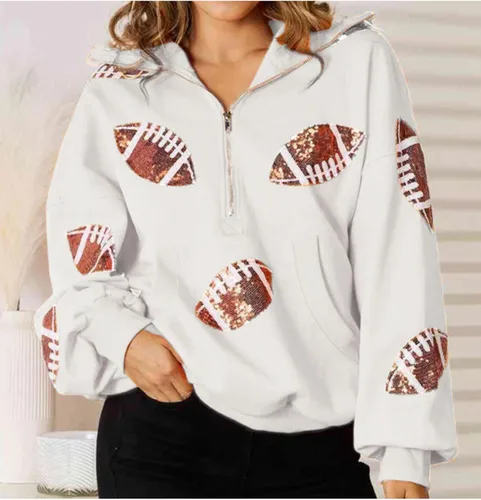 Miniatura 2 de SeekMe Sudaderas con capucha de lentejuelas para mujer, para el día del partido, suéteres de manga larga con cremallera y bolsillo