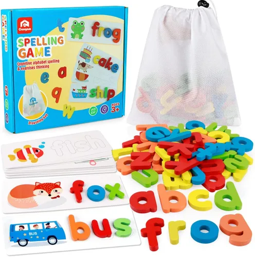 Coogam - Juego de aprendizaje de ortografía de lectura, tarjetas flash de madera del alfabeto que coinciden con palabras de vista, juego de