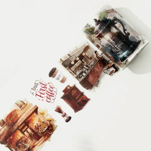 WT Cinta de PET ancha de lona de cafeína, rollo individual, diseños originales, cinta transparente decorativa de acuarela vintage, cuaderno de Cinta