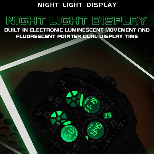 Miniatura 6 de Relojes para hombre, únicos rectángulos, reloj de pulsera blanco con pantalla digital analógica de doble hora, cronómetro de cuenta regresiva, Negro