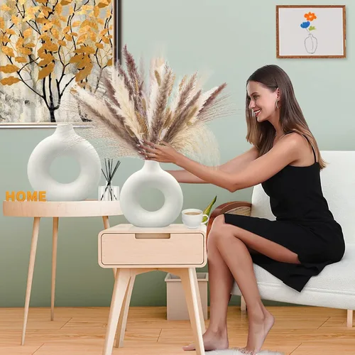 Miniatura 3 de Juego de 2 jarrones de cerámica, jarrones modernos para decoración del hogar, estilo bohemio blanco para sala de estar, cocina, chimenea, recámara