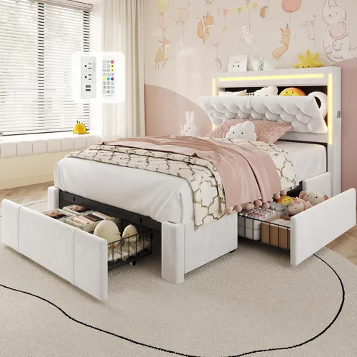 Estructura de cama individual HAUOMS con cabecera de almacenamiento y 3 cajones XL, toma de corriente tipo C/A, cama de princesa para niñas forrada