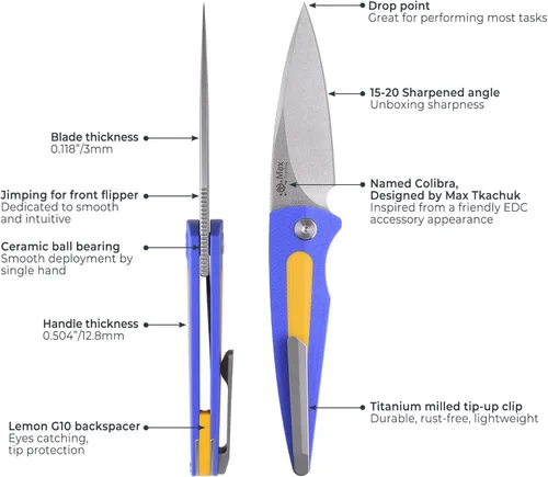 Miniatura 5 de SHIELDON Colibri - Cuchillo de bolsillo de acero de 2.91 pulgadas, hoja G10, mango de titanio, clip de bolsillo, cuchillo plegable con bloqueo
