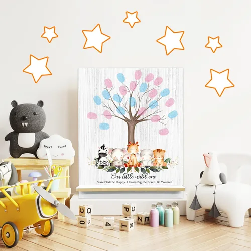 Miniatura 5 de Xendelow Cartel de árbol de huellas dactilares de animales de la selva Our Little Wild One, juegos de revelación de género para invitados, ideas