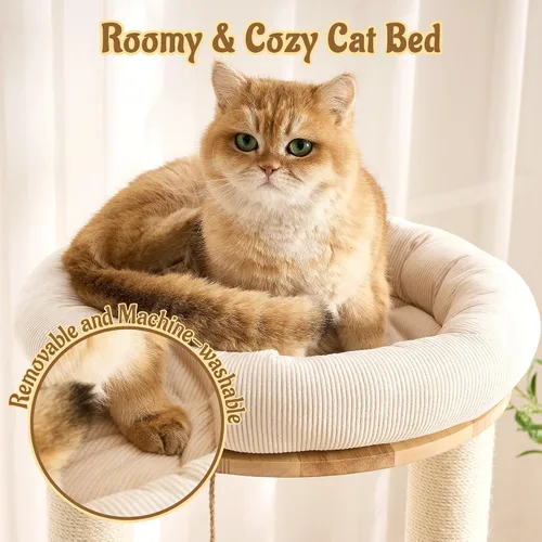 Miniatura 4 de Moderno árbol de madera maciza para gatos de interior de hasta 15 libras, torre para gatos de 49 pulgadas de alto con postes rascadores y rascador
