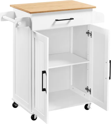Yaheetech Carrito de cocina con cajón, isla de cocina con ruedas con estante de almacenamiento y gabinetes, carrito de microondas para cocina con