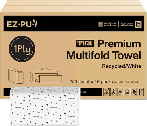 Miniatura 9 de EZ-Pull Premium 1ply MULTIFOLD - Toallas de papel, certificado FSC reciclado/blanco, 250 hojas x 12 unidades, P1F3L-EZ
