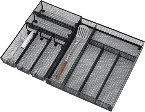 Miniatura 13 de Neudeco Juego de 5 organizadores de cajones, bandeja organizadora de cubiertos de 4 compartimentos + 4 bandejas de utensilios, organizador de Negro