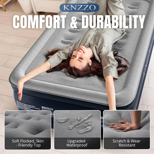 Miniatura 4 de KNZZO Colchón de aire doble con bomba incorporada, colchón inflable superior de 18 pulgadas con tela flocada impermeable, cama inflable rápida