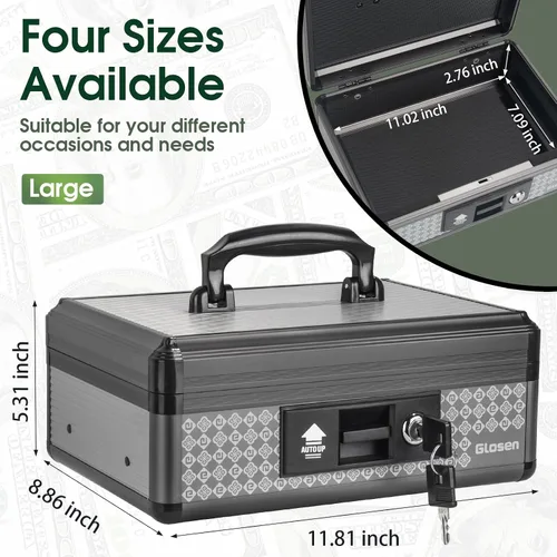 Miniatura 3 de Glosen Caja de efectivo con cerradura, caja de dinero con cerradura de llave y bandeja extraíble para monedas de 8.85 x 5.3 x 11.8 pulgadas