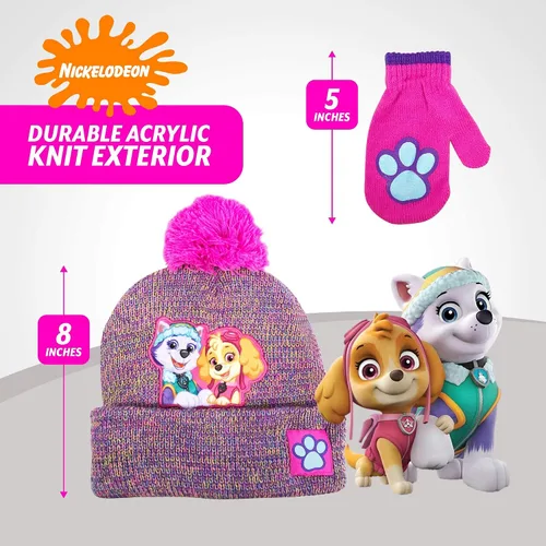 Miniatura 6 de Nickelodeon Paw Patrol - Conjunto de gorro y guantes de invierno para niñas pequeñas, para clima frío, de 2 a 4 años, Púrpura osa