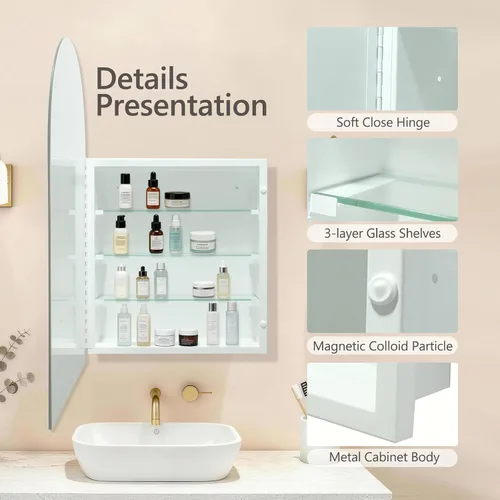 Miniatura 3 de Botiquín arqueado con espejo, 20 x 30 pulgadas, gabinete de pared con espejo sin marco, empotrado o montaje en superficie para baño, dormitorio