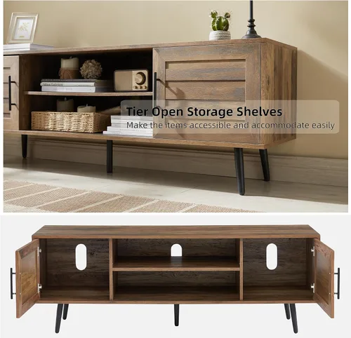 Miniatura 7 de EDYO LIVING Soporte de TV moderno de mediados de siglo para TV de 65 pulgadas, soporte de TV de madera con armario de almacenamiento y estante