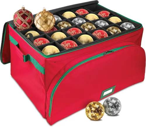 Miniatura 13 de Caja de almacenamiento premium para adornos navideños – Con capacidad para hasta 72 adornos de 3 pulgadas + 8 ranuras laterales para figuritas y Rojo