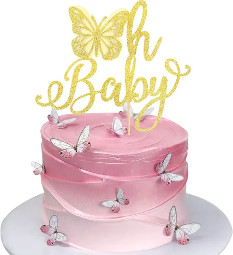 Miniatura 8 de Rsstarxi 1 paquete de decoración de pastel de mariposa Oh Baby con purpurina para baby shower, decoración de pastel de mariposa para revelación
