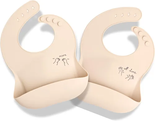 APLAINR Babero de lenguaje de señas para bebé, baberos de silicona para bebés, gráficos ASL, atrapador de alimentos, ajustable, impermeable, suave,