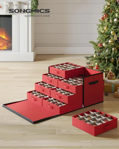 Miniatura 2 de SONGMICS Caja de almacenamiento grande para adornos de Navidad, con lateral abierto, contenedor de almacenamiento de Navidad apilable con tapa, Rojo