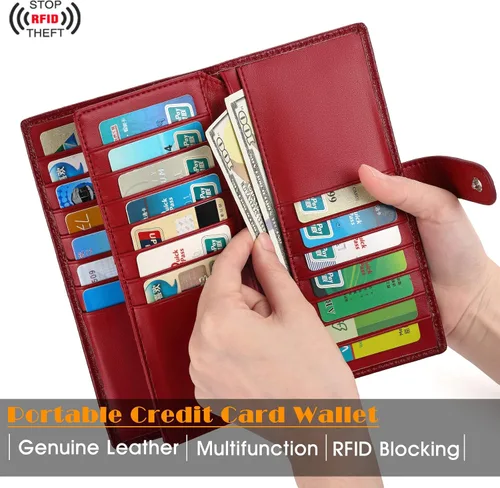 Miniatura 2 de Cartera de piel auténtica para mujer con bloqueo RFID, Rojo oscuro, Plegar y Negocios