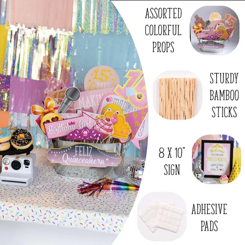 Miniatura 2 de Accesorios para cabina de fotos de quinceañera, kit de cabina de fotos de 41 piezas con letrero de 8 x 10 pulgadas, 60 almohadillas adhesivas, 45
