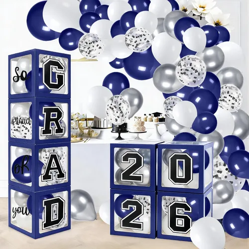 Miniatura 9 de Decoraciones de graduación 2026, juego de 4 cajas con 129 globos arco guirnalda kit suministros de fiesta para cualquier grado negro
