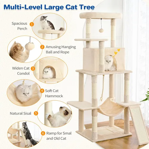 Miniatura 2 de ABCPET Torre de árbol para gatos de 63 pulgadas de varios niveles para gatos de interior con postes rascadores de sisal, condominio, hamaca, bola