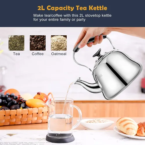 Miniatura 7 de Hervidor de Té para Estufa Silbante Clásico AMFOCUS, Hervidor de Té de Acero Inoxidable con Asa Plegable Resistente al Calor y Acabado Espejo, 2