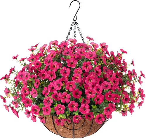 Miniatura 15 de HyeFlora Plantas Colgantes Artificiales Falsas con Flores y Cesta para Decoración Exterior, Arreglos Florales de Seda Sintética de Margaritas