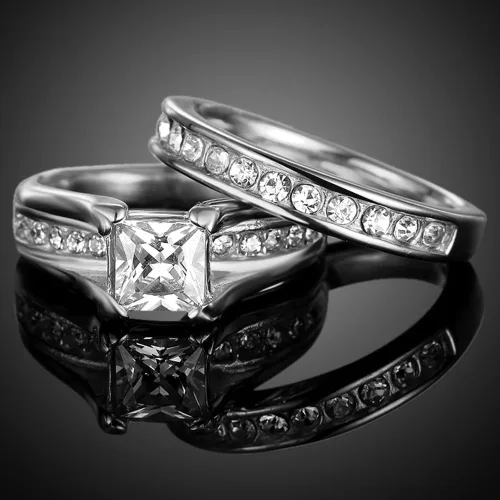 Miniatura 4 de Anillo de acero inoxidable de corte princesa, anillo de boda, compromiso, aniversario, propuesta, eternidad, halo