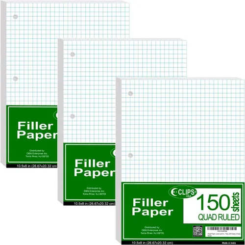 AUKSales Papel de hojas sueltas, papel de relleno con rayas cuádruples | 450 hojas, 150 hojas en cada caso | 3 agujeros perforados, 10-1/2 x 8