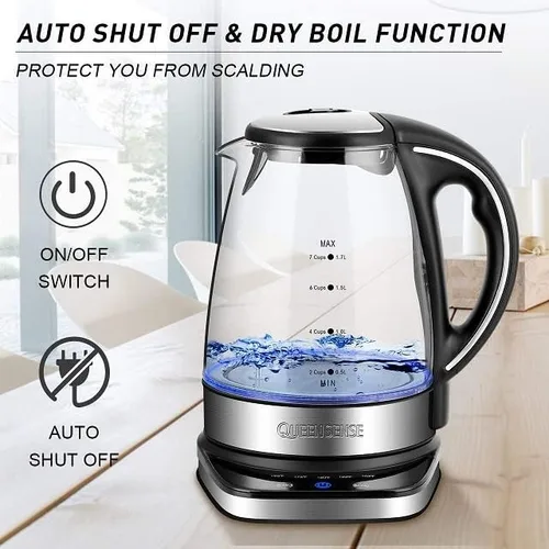 Miniatura 5 de QUEENSENSE - Teteras eléctricas de vidrio para agua caliente con luz LED azul de 1,7 L