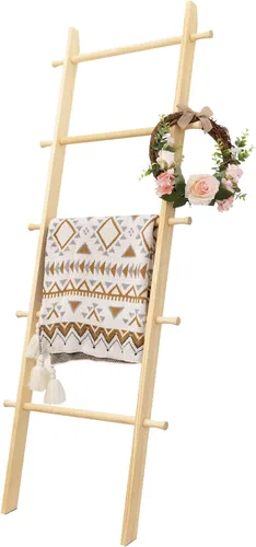 Miniatura 23 de Escalera para Mantas de 6 Niveles – Perchero de Edredones de 5.5 Pies (1.68 m) para Apoyar en la Pared, Almacenamiento de Mantas Estilo Granja
