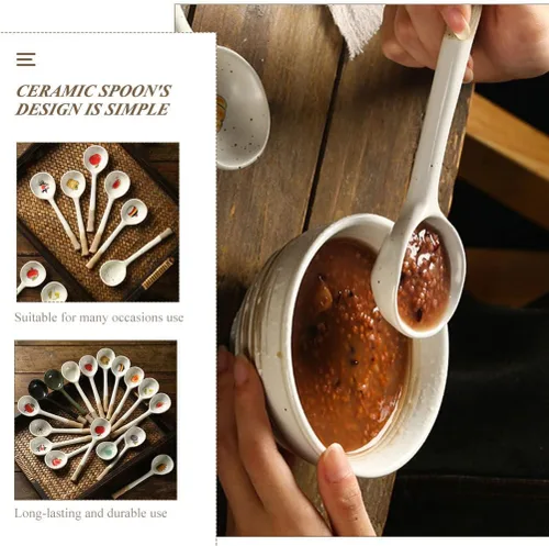 Miniatura 6 de Operitacx Cuchara de cerámica Cucharas retro Azúcar Japonés Fideos Grandes Fideos Coreanos Sopa Postre Asiático Cuchara Fórmula Cucharas Coreana